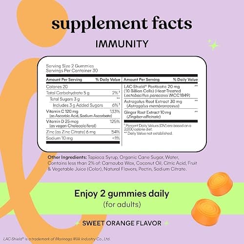 Lemme Immunity Postbiotic Gummies with Vitamin C, Vitamin D (2000 IU), Zinc, 10 Billion Postbiotic Cells, Astragalus for Immune Support - Vegetarian, Gluten Free, Sweet Orange (60 Count) thumbnail 5