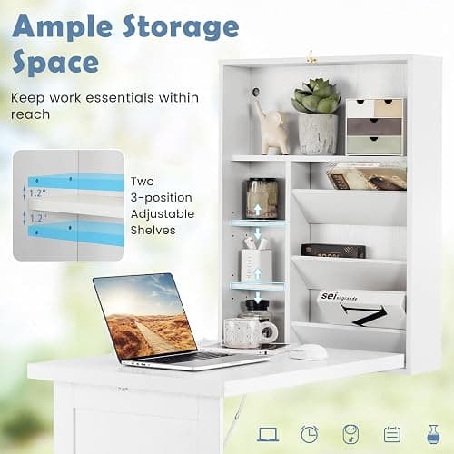 Tangkula Foldable Wall Mounted Desk, Floating Table with Storage Shelves & Hooks, Space-Saving Fold-Up Murphy Desk for Small Spaces, Home Office, Dorm Room thumbnail 7