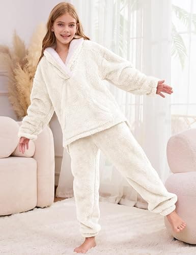 Flygo Girls Fuzzy Pants Set Fleece Outfits Winter Flannel Loose Fluffy Pullover Sweatshirt Top Pants Sweatsuit thumbnail 5