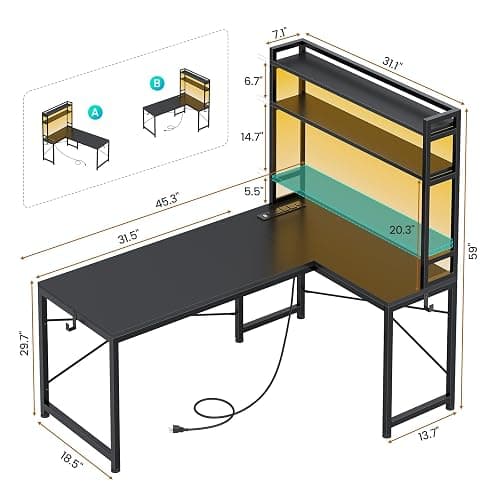 SEDETA L Shaped Gaming Desk, Reversible 45.3” Small Corner Desk with Power Outlet and LED Lights, Corner Gaming Desk with Storage Shelves, Hooks for Small Space, Black thumbnail 2