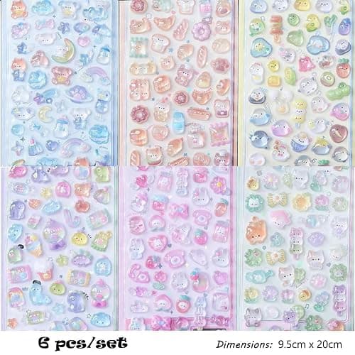 3D Relief Stickers Cute Cartoon Theme with Bear Cat Dinosaur Dog Bird Rabbit Decals for DIY Crafts Phone Cases Scrapbooks Journals Decor, 6 Sheets thumbnail 3