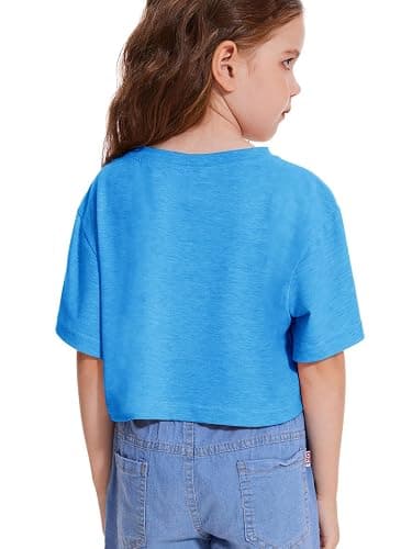 Girls Short Sleeve Crop Tops Kids Fashion Oversized Cute Crew Neck Cropped Athletic T Shirts Trendy Boxy Tee - Lake Blue - 13-14 Years thumbnail 2