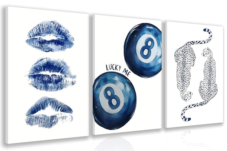 GELDSTEI Preppy Blue Cheetah Wall Art, Navy Retro 8 Ball Aesthetic Pictures, Trendy Kiss Lips Wrapped Canvas Artwork, Modern Leopard Poster Prints for Bedroom Living Room Apartment Framed 12"x16"x3 - Image 1