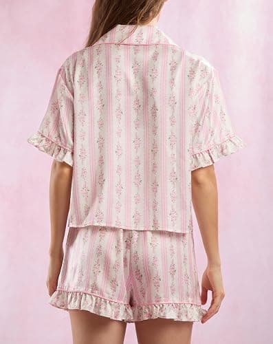 Yiulangde Women Cute Bow Tie Front Pajamas Y2k Printed Pjs 2 Piece Outfits Short Sleeve Pj Shirt and Lounge Boxer Shorts Sets thumbnail 5