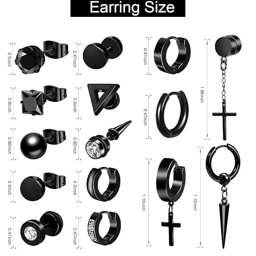 ONESING 15 Pairs Black Earrings for Men, Stainless Steel Mens Earrings set with Studs Hoop Earring Cross Dangle Earrings Hypoallergenic Ear Piercing Jewelry for Men Women thumbnail 2