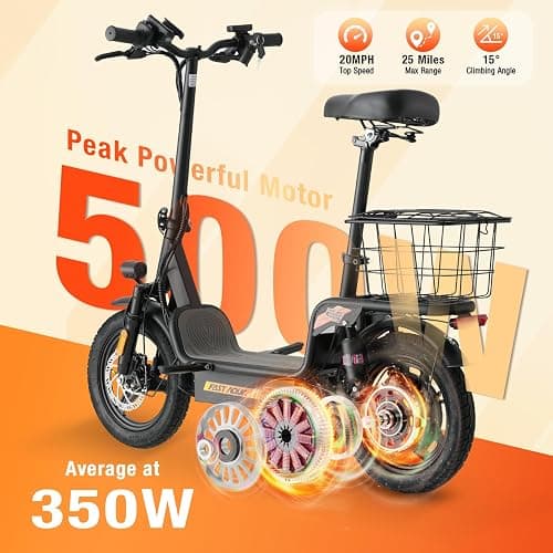 Fastaque Electric Scooter with Seat, 550W Peak Motor E-Scooter Adults, Foldable Scooters for Commute Up to 25 Miles Range, 14” Pneumatic Tire for Outdoor, Dual Disc Brake System, Black thumbnail 7