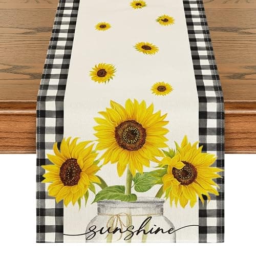 Artoid Mode Buffalo Plaid Sunflower Sunshine Vase Summer Table Runner, Spring Kitchen Dining Table Decoration for Home Party Decor 13x108 Inch - Image 1
