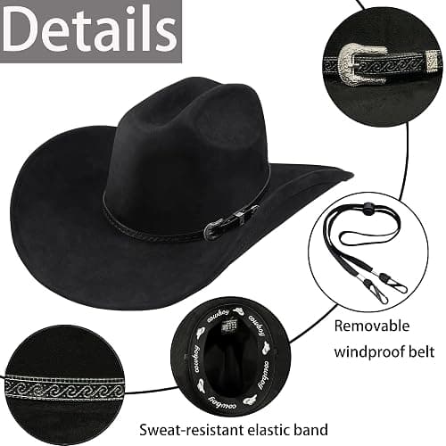 Western Cowboy Hat for Men Women,Shapeable Wide Brim Felt Fedora Classic Cowgirl Hats for Cowboys and Cowgirls,with bolo tie thumbnail 2