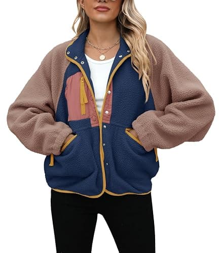 Yanekop Womens Fleece Jacket Fuzzy Long Sleeve Short Winter Coats Button Down Sherpa Jacket Outerwear with Pockets thumbnail 3