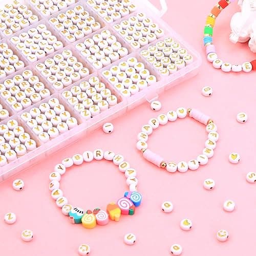XIMISHOP 1400pcs Round Letter Beads for Jewelry Making, 28 Style Gold A-Z Alphabet Acrylic Beads Kits Heart Beads for Bracelets Making (4 * 7mm) thumbnail 2