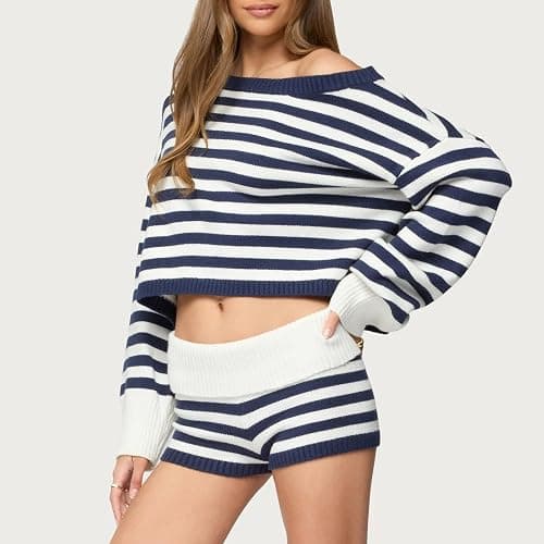 Women Striped Sweater Set Long Sleeve Sweater and Shorts Set 2 Piece Fall Matching Set Loungewear thumbnail 3