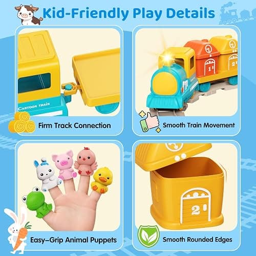 Electric Train Set for Toddler with Farm Animals, Music & Lights, Ages 2-4 | Montessori Self-moving electric train set, 37 PCS with 8 numbered barns and animal finger puppets for counting and sorting thumbnail 5