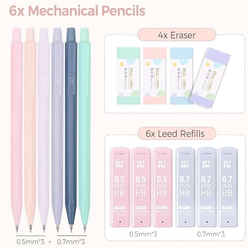SKYDUE Cute Mechanical Pencil Set with Case – 6PCS 0.5mm & 0.7mm Mechanical Pencils, 360PCS HB Lead Refills, 4PCS Pastel Erasers, Aesthetic School Supplies for Writing, Drawing & Sketching thumbnail 3