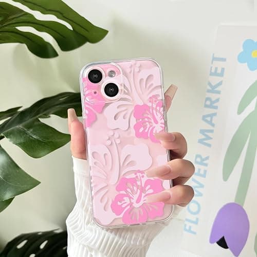 Lovmooful Compatible for iPhone 15 Case Cute Clear Hibiscus Flower Floral Aesthetic Printed Design for Girls Women Soft TPU Shockproof Protective Girly for iPhone 15-Big Pink Flower thumbnail 3