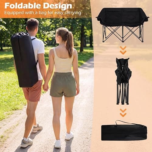 Goplus Double Camping Chair, Oversized Padded Loveseat w/Cup Holders, Glass Racks and Mesh Pockets, 660 LBS Heavy Duty Folding 2 Person Camp Couch w/Carry Bag for Lawn, Beach and Picnic (Black) thumbnail 4