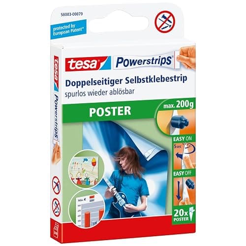 tesa Powerstrips POSTER - Doppelseitige Klebestreifen für Poster und Plakate - Selbstklebend und spurlos wieder ablösbar - Bis zu 200 g Halteleistung - 20 Stück - Image 1