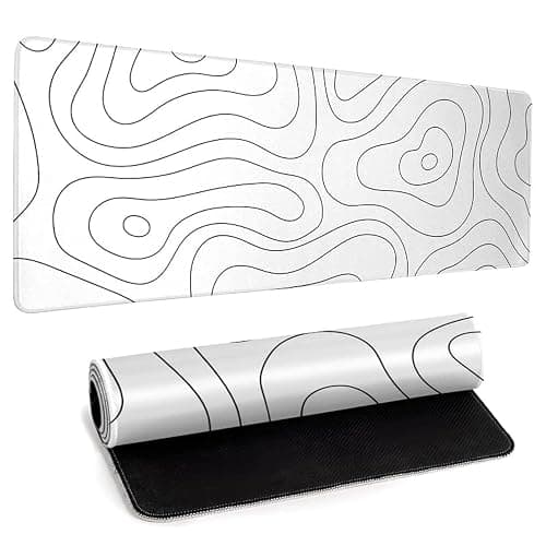 White Large Gaming Mouse Pad Desk Pad Topographic Map Big Keyboard Mat 31.5x11.8inch Computer Mousepad with Stitched Edge Non-Slip Rubber Base - Image 1