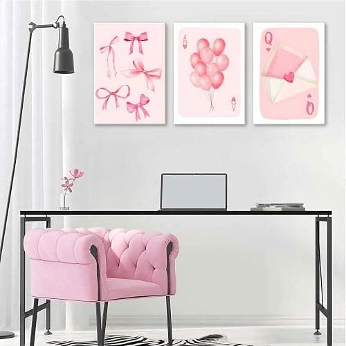 3 Pcs Framed Fashion Pink Bow Canvas Wall Art Preppy Girly Aesthetic Painting Picture Wall Decor Balloon Envelope Prints for College Apartment Girls Bedroom Living Room Home Decoration (12x16 Inch) thumbnail 3