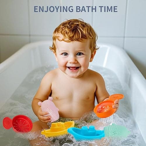 Baby Bath Toys for Toddlers, 15 PCS Mold Free Bathtub Water Play Toys with Floating Boats Spoons and Silicone Sensory Bath Toys, Water Table & Pool Toys for Babies and Toddlers - 15PCS Rainbow Color Boat & Silicone thumbnail 2