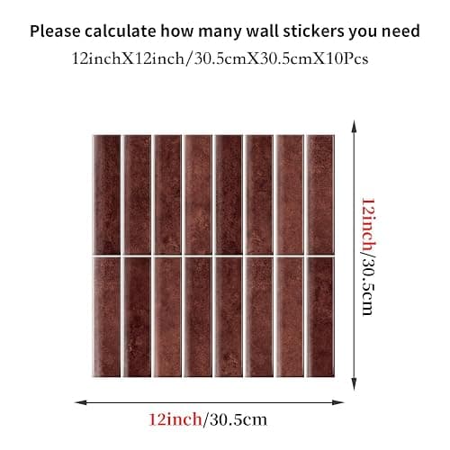 Alwayspon 10 Sheets 12" x12'' Retro Red 3D Vinyl Backsplash Tiles, Self-Adhesive Peel and Stick Wall Tile Stickers Stick on Subway Tiles for Kitchen Bathroom Wall thumbnail 2