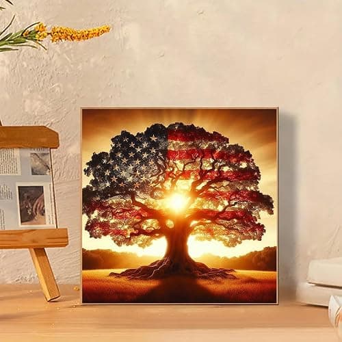 JXDXDJ 5D Diamond Painting Kits for Beginners,Ancient Tree Full Drill Diamond Art Kits for Adults,DIY American Flag Round Diamond Dots for Adults Crafts,Gem Painting Home Wall Decor 13.78x13.78 Inch thumbnail 3