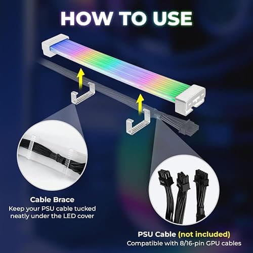 TECWARE Flex RGB Cable Cover Kit | Compatible with 24-Pin Motherboard and 8-Pin/16-Pin GPU | ARGB PSU Cable Extension with 5V 3-Pin Sync | RGB Lighting Kit for PC Cables | White thumbnail 3