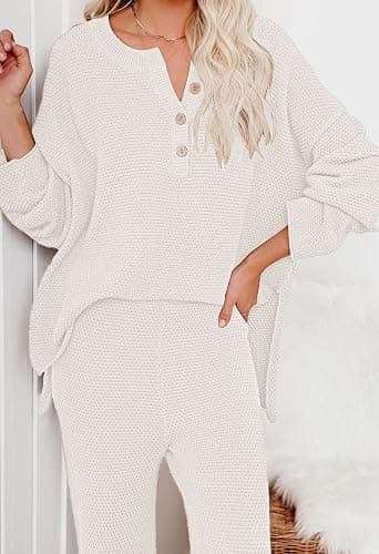Pink Queen Women's 2 Piece Fall Outfit Lounge Set Long Sleeve Button Pullover Sweater Matching Wide Leg Pants Knit Sweatsuit thumbnail 5