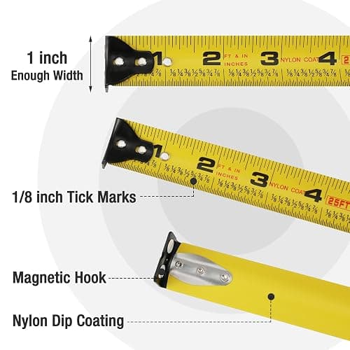 WORKPRO 25FT Tape Measure, 1/8 Fractions Easy Read Measuring Tape, Retractable Nylon Coating Measurement Tape Accuracy 1/32, Magnetic Hook, Belt Clip, Rubber Protective Casing thumbnail 5