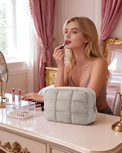 Narwey Quilted Makeup Bag for Women Girl, Puffer Travel Cosmetic Bag Puffy Make Up Bag Organizer, Cute Travel Toiletry Bag for Toiletries (Khaki) thumbnail 2