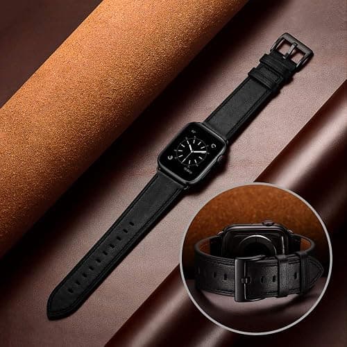 OUHENG Leather Bands Compatible with Apple Watch Band 49mm/46mm/45mm/44mm/42mm, Genuine Leather Strap Compatible with iWatch Ultra 3/2/1 & Series 11/10/9/8/7/6/5/4/3/2/1 & SE3 SE2 SE, Black/Black thumbnail 5