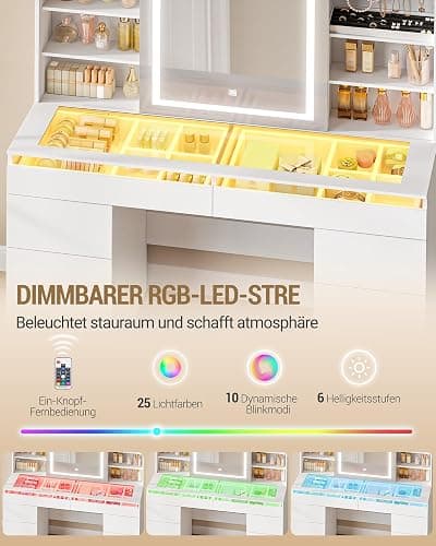 Hzuaneri Große Schminktisch, Schminktisch mit Verstellbaren RGB-Beleuchtung und Glasplatte, Schminktische mit Große Spiegel, 8 Schubladen und 9 Offenen Fächern, Schlafzimmer, Weiß, 1180203XEU thumbnail 5
