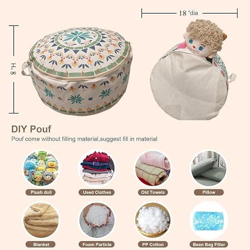 MOCOFO Round Bohemian Ottoman Pouf Cover, 18 Inch, Cotton Blend, Church Window Print, Living Room Storage Footrest, Cover Only (Green Diamond) thumbnail 4