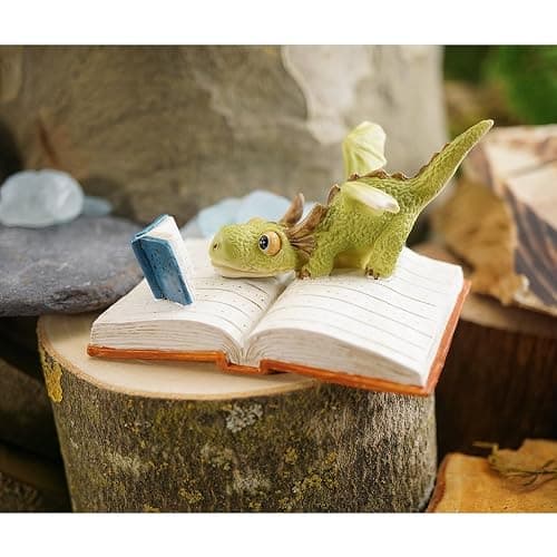 Top Collection Miniature Fairy Garden and Terrarium Mini Dragon Reading Figurine, Green White thumbnail 2