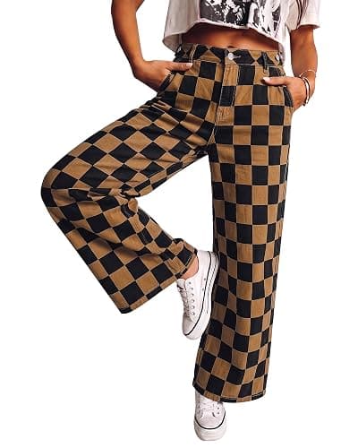 luvamia Checkered Pants Women High Rise Cinch-Waist Stretchy Wide Leg Jeans | Adjustable Waist, Patterned Pants for Women, Baggy Jeans Y2K, Checkerboard Print, Alternative Clothes - Image 1