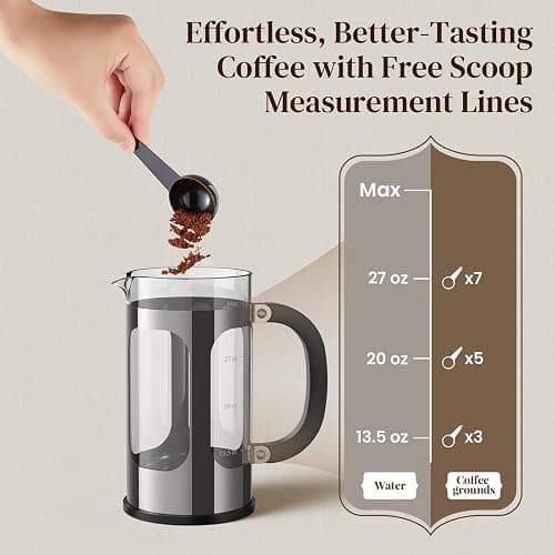 Veken French Press Coffee Maker 34oz, No Plastic Touching Cafe,Thickened Glass Stainless Steel Brewer, Cold Brew Cafetera Tea pot for Kitchen Travel Camping, Gifts, Decor, Bar Accessories, Dark Pewter thumbnail 9