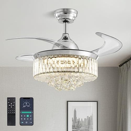 36" Fandelier, Crystal Ceiling Fan with Lights and Remote, Invisible Retractable Dimmable Chandelier Fan, 6-Speed Reversible Timer Ceiling Fan Light Kit for Bedroom Living Room Dining Room-Chrome - Image 1
