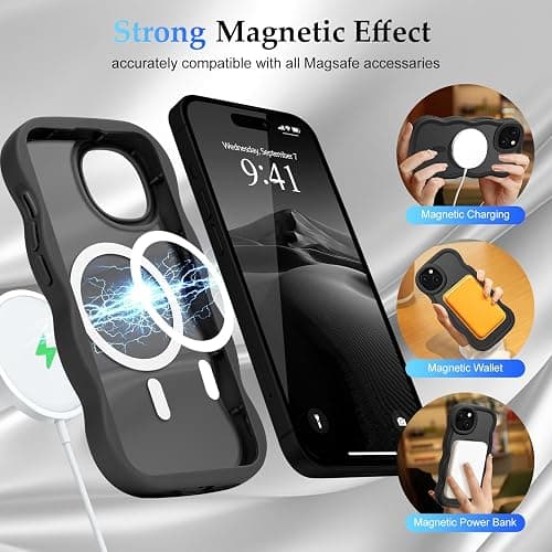 Pepmune for iPhone 15 Case, Curly Wavy Frame Hard Translucent Matte Clear Back Cover for Women Men Compatible with Magsafe TPU Bumper Shockproof Drop Protection Phone Case for iPhone 15, Black thumbnail 3