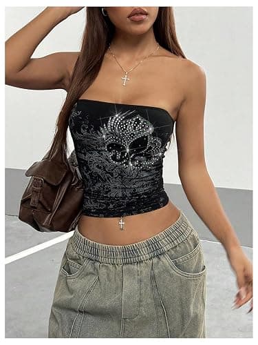 SOLY HUX Women's Glitter Graphic Bandeau Tube Top Y2k Gothic Strapless Crop Tops Rave Party Outfits thumbnail 4
