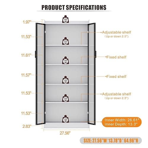 Display Cabinet with Doors and Adjustable Shelves, 65" Tall Bookcase with LED Lights/Human Sensor, 5 Tier Display Case for Collectibles Bedroom Living Room Office, White thumbnail 2