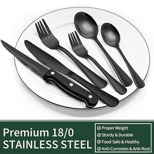 EWFEN 24-Piece Black Silverware Set with Steak Knives, Black Flatware Set for 4, Food-Grade Stainless Steel Tableware Cutlery Set, Mirror Finished Utensil Sets for Home Restaurant, Round Edge thumbnail 5