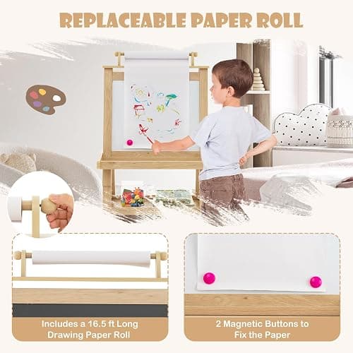 HONEY JOY Art Easel for Kids, 3-in-1 Double-Sided Wooden Toddler Easel w/Magnetic White Board & Chalkboard, Paper Roll, 2 Storage Bins, Painting Dry Erase, Kids Easel for Boys Girls Aged 3+ (Natural) thumbnail 6