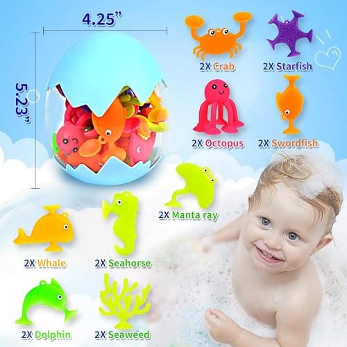 Suction Bath Toys for Kids, 18 Pcs Silicone Ocean Animal Suction Cup Toys with Eggshell & Bag, No Hole Mold Free Bath Toy, Sensory Window Building Toys for Toddlers Boys Girls 3 4 5 6 Year Old thumbnail 6