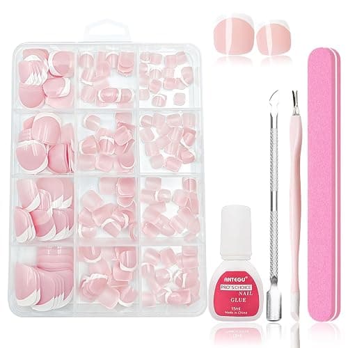 Virellay 240 Stück Falsche Fußnägel Kit, Französische Kurze Fußnägel zum Aufkleben, Weiß Rosa French Fußnägel Tips, Full Cover Acryl Zehen Nagelspitzen für Maniküre DIY, Fake Nails für Frauen - Image 1