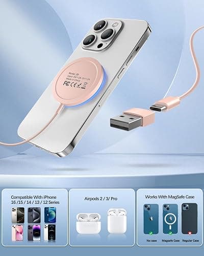 Wtuhu Magnetic Wireless Charger Fast Mag-Safe Charger for 16 Pro Max/16 Pro/16/16 Plus/15/14/13/12 Series AirPods 3/2/Pro/Pro 2 LED Magnet Charging Pad with Dual Charging Ports Pink thumbnail 2