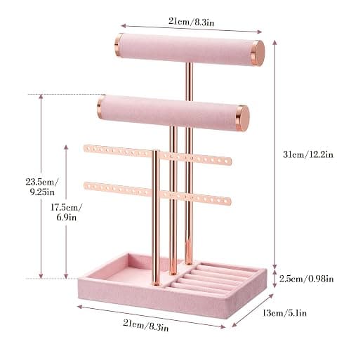 bussdis 3 Tier Bracelet Holder Display - Detachable T Bar Pink Velvet Bracelet Holder, Jewelry Holder Organizer for Bracelet, Necklace, Earrings, Rings thumbnail 3
