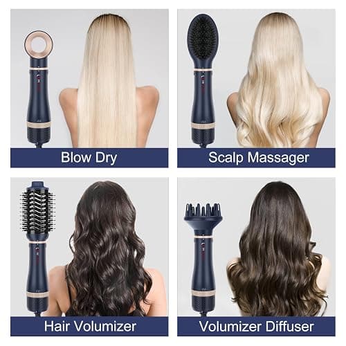 Hair Dryer Brush Set, IG INGLAM 4 in 1 Blowout Brush, Negative Ion Detachable Hair Dryer & Styler Volumizer Hot Air Hair Dryer Brush with 2 Styling Brush Heads, Prussian Blue thumbnail 2