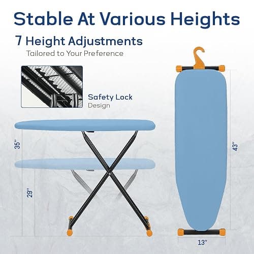 RAINHOL Compact Ironing Board Full Size 43x13 with Extra Thick Padded Cover, Height Adjustable Iron Board with Hanger, Easy to Fold Space Saver Design for Dorm Apartment Small Laundry Rooms, Blue thumbnail 2