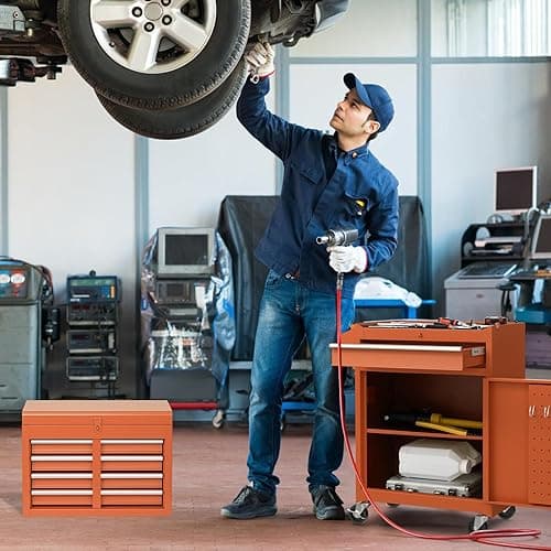 COSTWAY Large Rolling Tool Cabinet, 2-in-1 Detachable Metal Tool Chest with Drawers, Wheels, Handle & Hooks, Lockable Tool Box Trolley for Garage Workshop (5 Drawer with Adjustable Shelf, Orange) thumbnail 10
