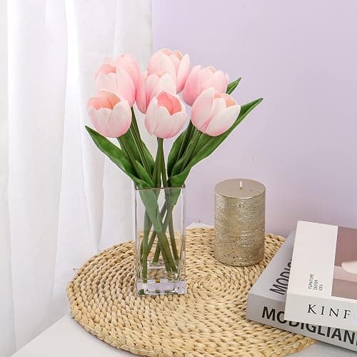 Briful Fake Flowers Artificial Tulip Flower Pink in Clear Vase, Real Touch Foam Tulip Arrangement Suitable for Home Office Decoration, Dining Table Centerpiece thumbnail 5