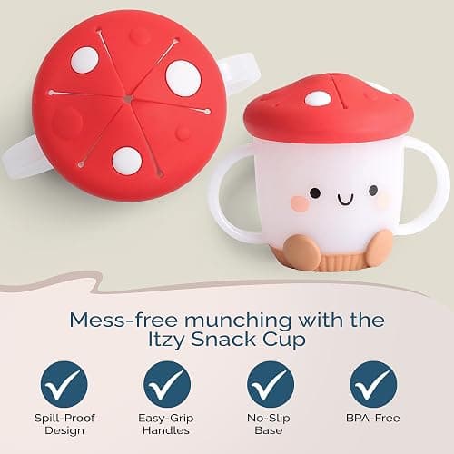 Itzy Ritzy Toddler Snack Cup - Spill-Proof Snack Cup for Toddlers with Soft Silicone Lid for Easy Food Access - Easy-To-Hold Kids Snacks Container With Handles - Ideal for 12 months & Up (Mushroom) thumbnail 5